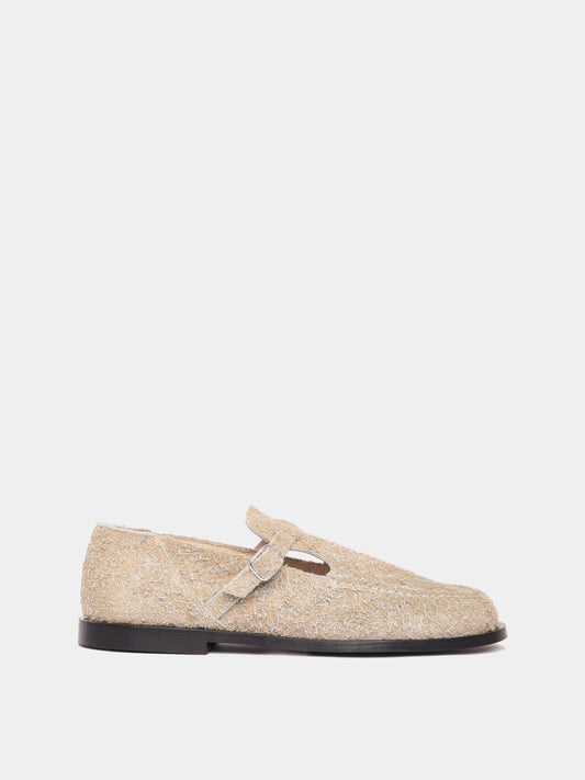 Flat mary-jane brushed suede shoe in a sand colour