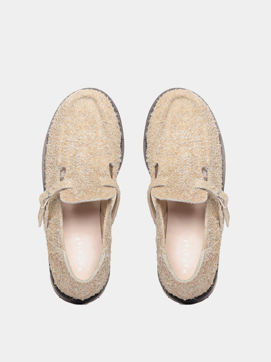 Flat mary-jane brushed suede shoe in a sand colour