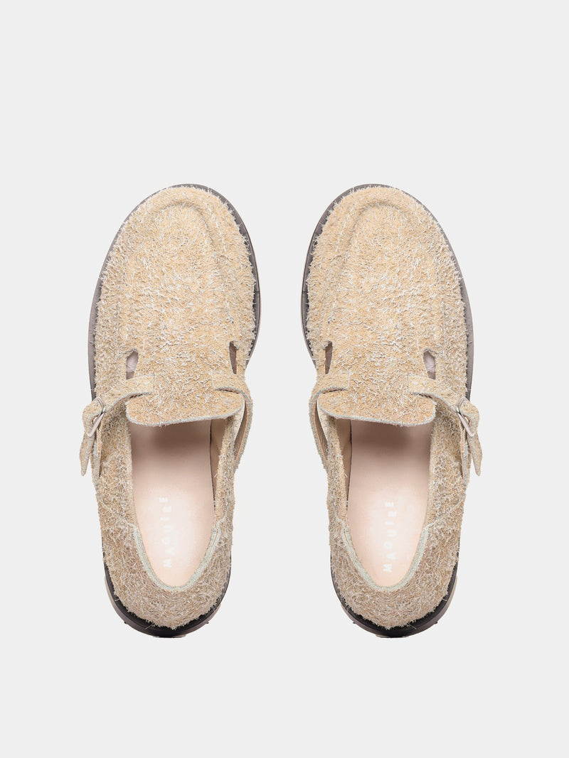 Flat mary-jane brushed suede shoe in a sand colour