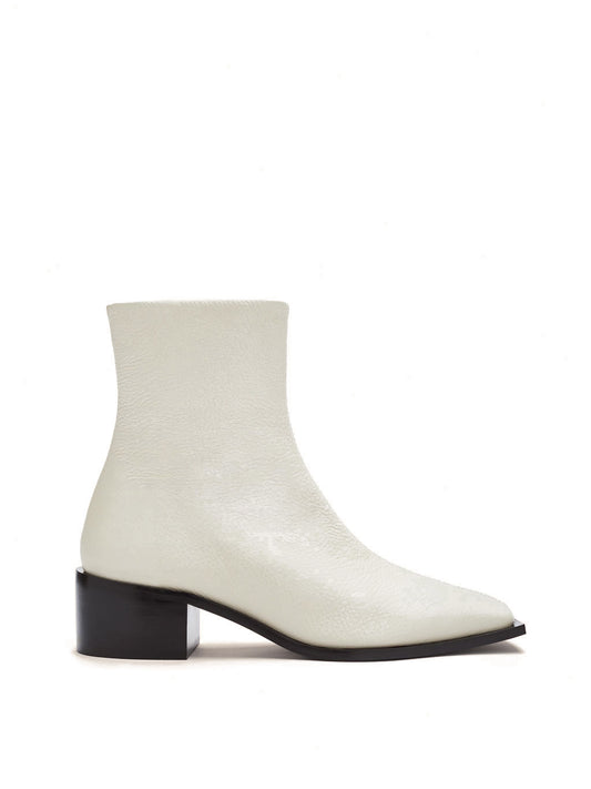 White leather ankle boots with a block heel