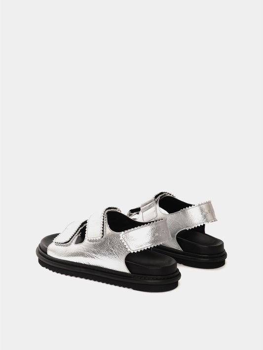 Silver leather velcro-strap sandals