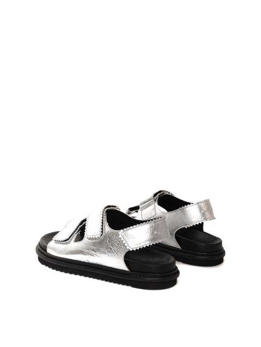 Tavira silver leather sandal with two adjustable front straps and one back strap, back view.