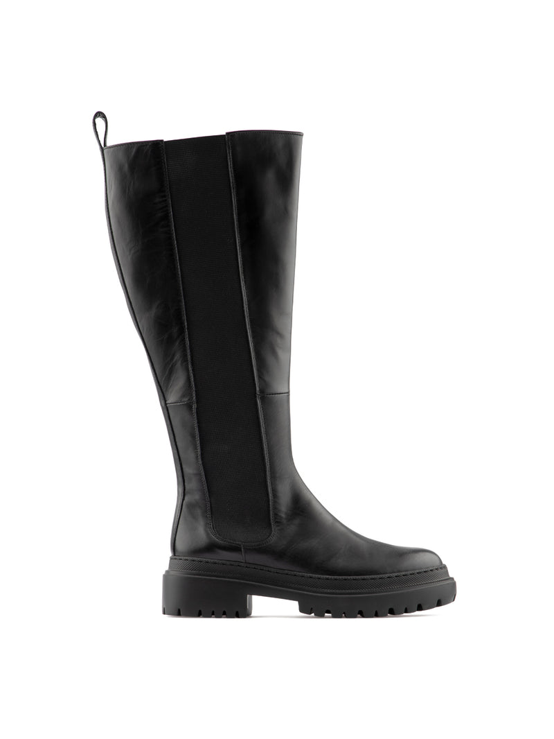 Black knee-high chelsea boot with wide calf opening