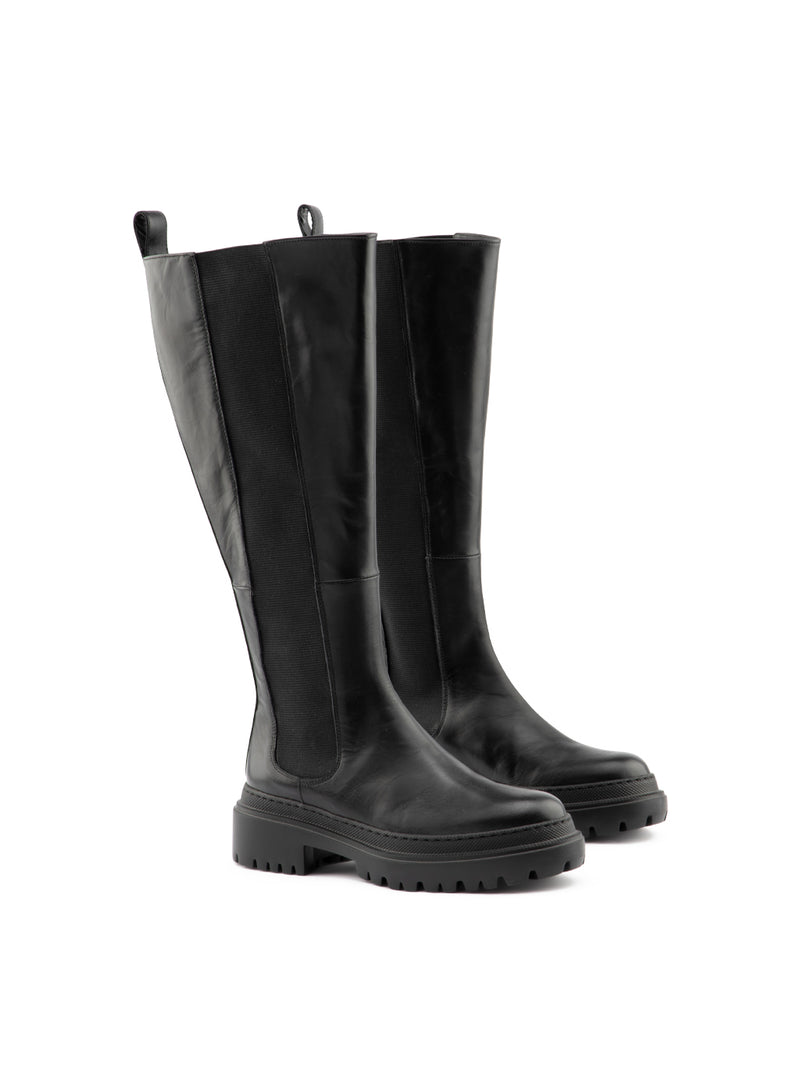 Black knee-high chelsea boots with wide calf opening