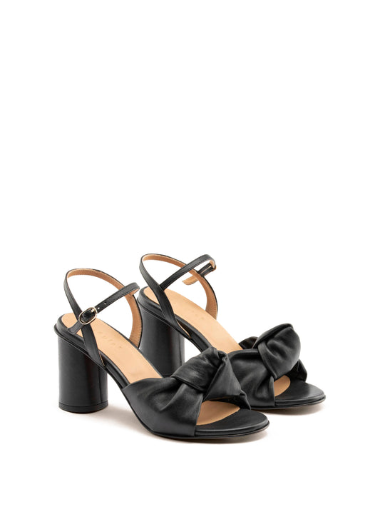 Black block heel with ankle strap and knotted upper