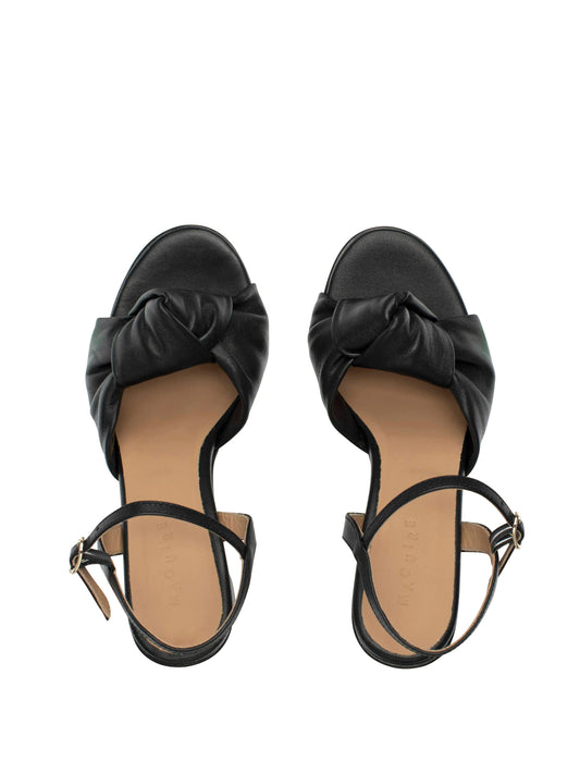 Black block heel with ankle strap and knotted upper