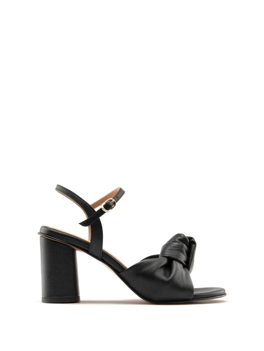 Black block heel with ankle strap and knotted upper