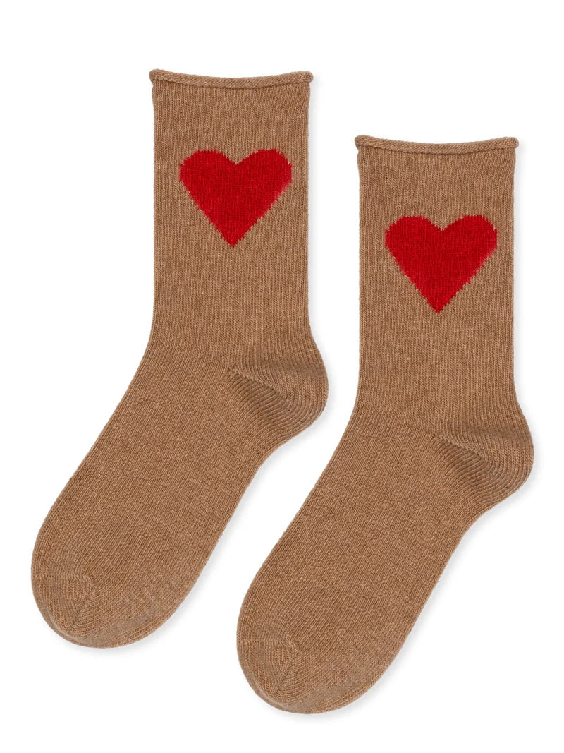 beige cashmere socks with a red heart motif