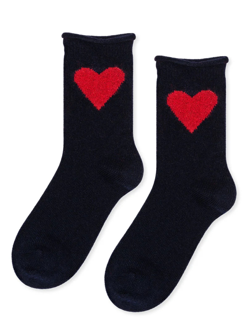 navy socks with a red heart emblem on the cuff.